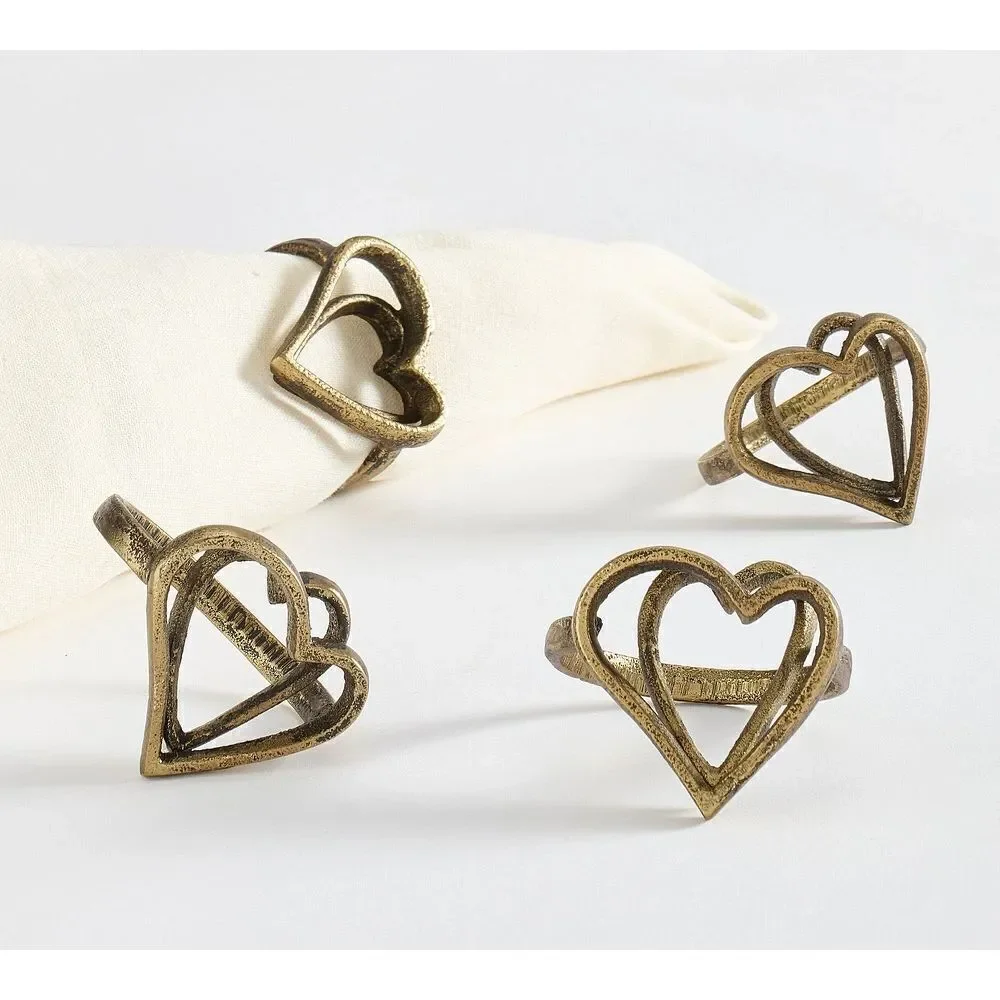 Pottery Barn Heart-Shaped Napkin Rings Set of 4 - Handcrafted Aluminum Brass Fin
